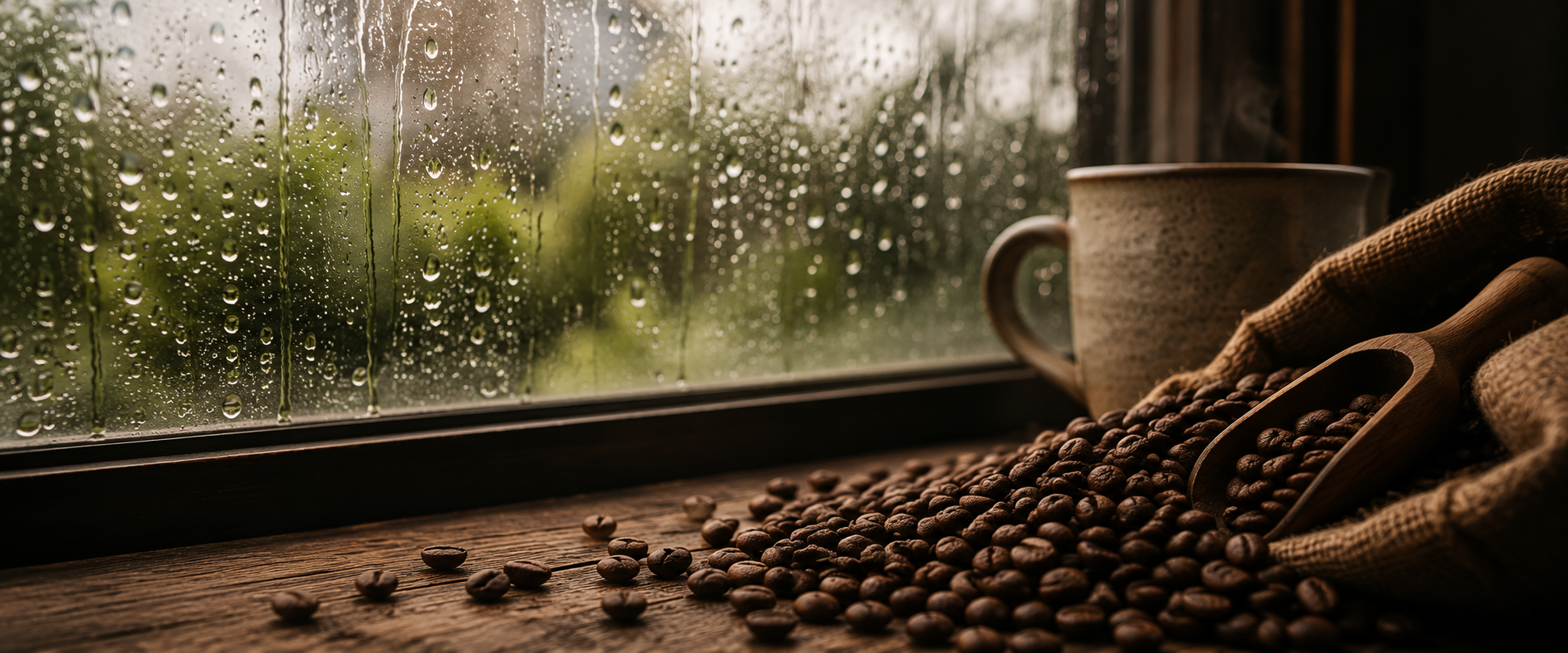 A moody cinematic coffee banner featuring roasted coffee beans beside a rain covered window with soft warm lighting, rustic textures, and a cosy slow living atmosphere.