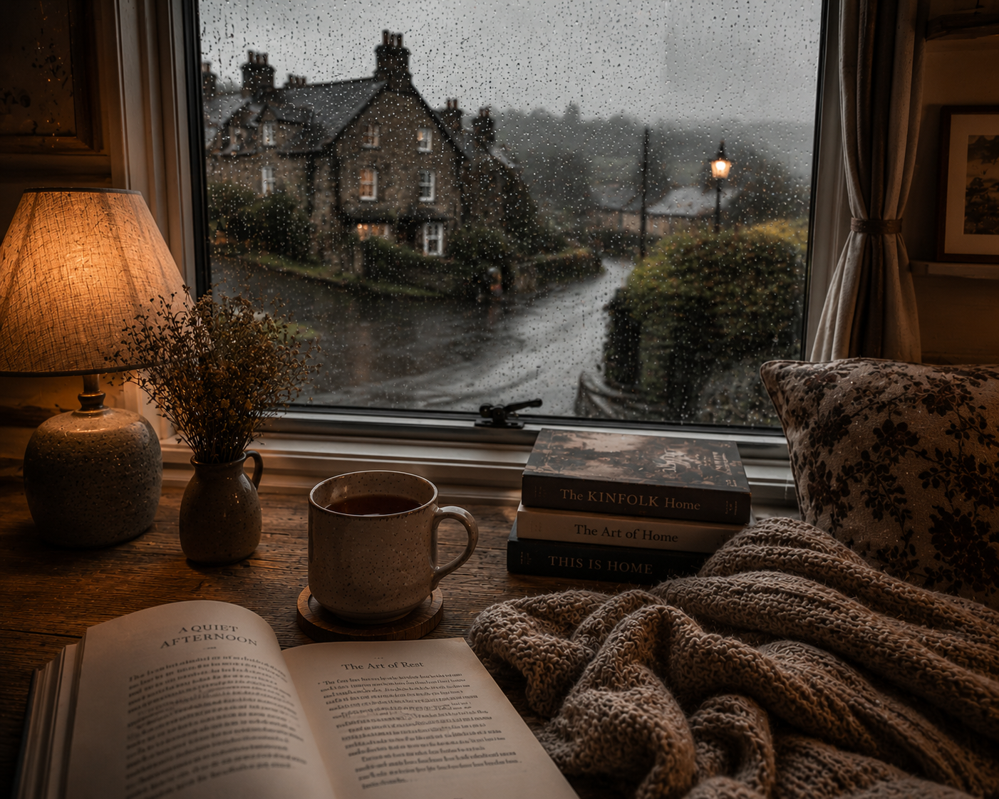A cosy UK inspired rainy afternoon tea ritual featuring a ceramic mug beside a soft knitted blanket, warm amber lamp lighting, open books, and rain covered cottage windows creating a peaceful moody Warmery slow living atmosphere.