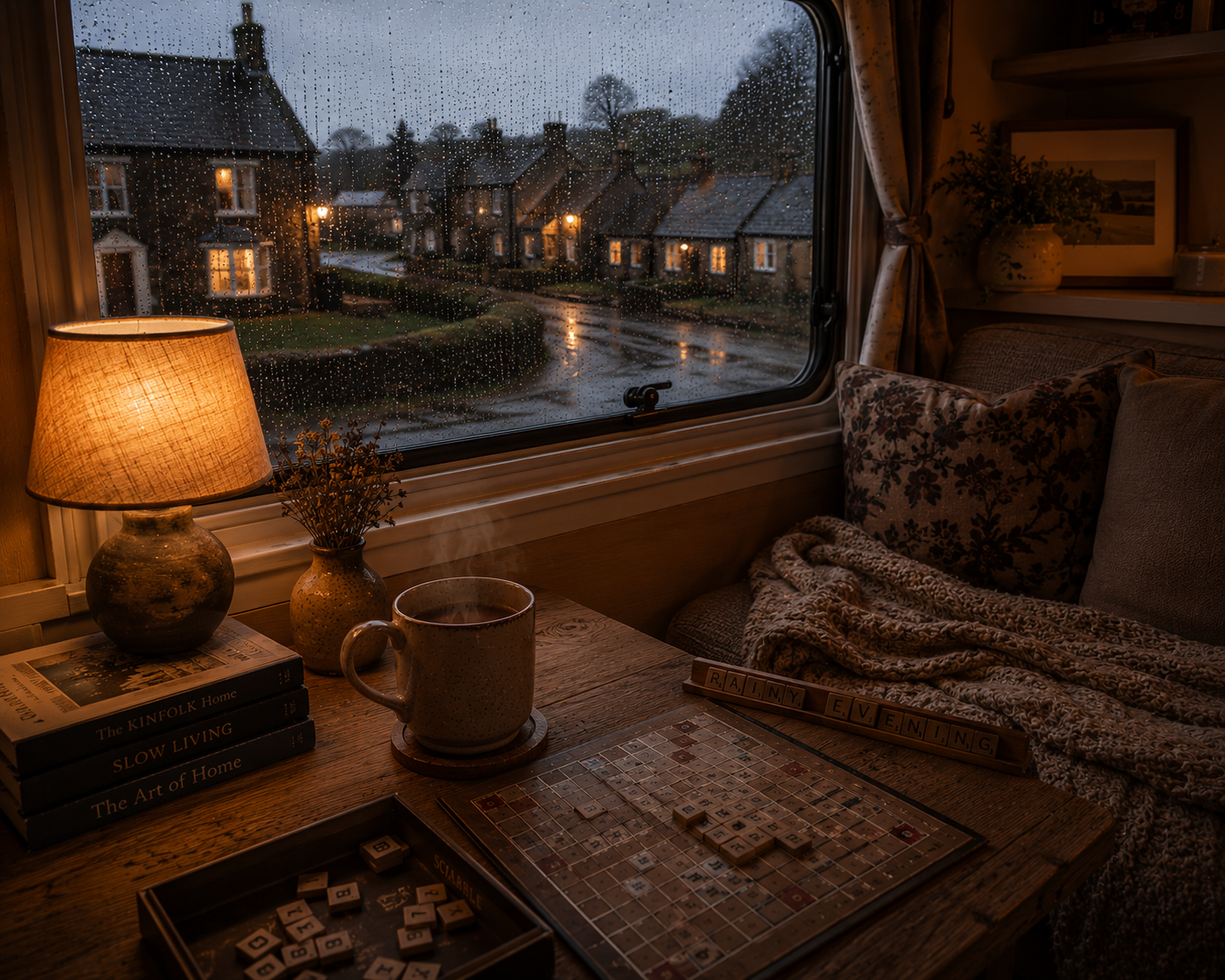 A cosy UK inspired rainy evening interior with warm amber lamp lighting, a steaming mug of tea, Scrabble board game on a wooden table, soft knitted blankets, rain covered windows, and a peaceful slow living Warmery atmosphere.