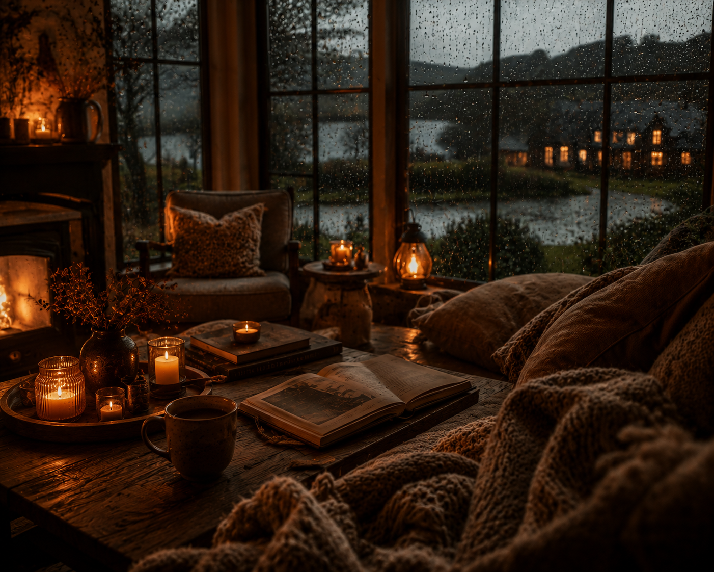 A warm cosy living room with large rain covered windows, glowing candles, tea on a rustic wooden table, open books, chunky knitted blankets, and rich amber moody lighting creating a luxurious slow living Warmery inspired atmosphere.