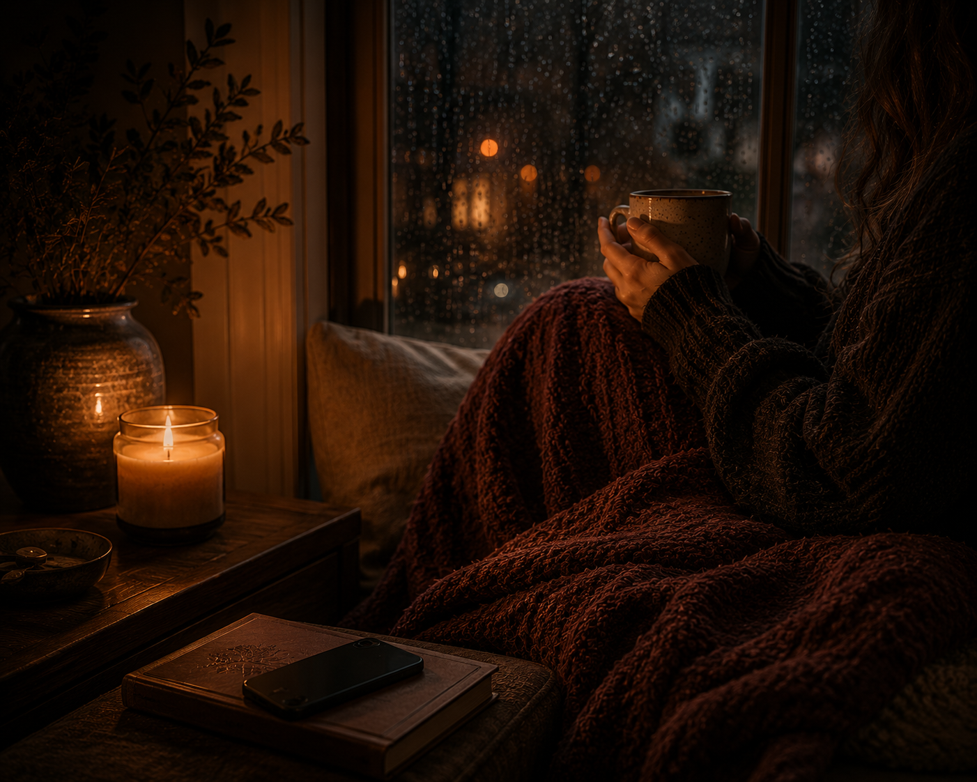 A cinematic cosy evening scene showing a person without visible face sitting beside a rain covered window holding warm tea in deep amber lighting with soft blankets, candlelight, and calm slow living atmosphere.