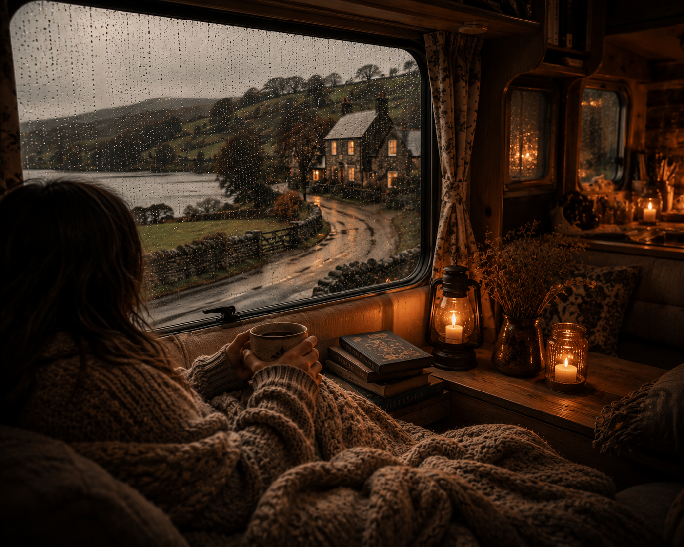 A cosy UK caravan stay during rainy weather featuring a person with no visible face wrapped in knitted blankets holding warm tea, with amber lantern lighting, books, candles, and a peaceful countryside view of stone cottages and winding roads through rain covered windows.