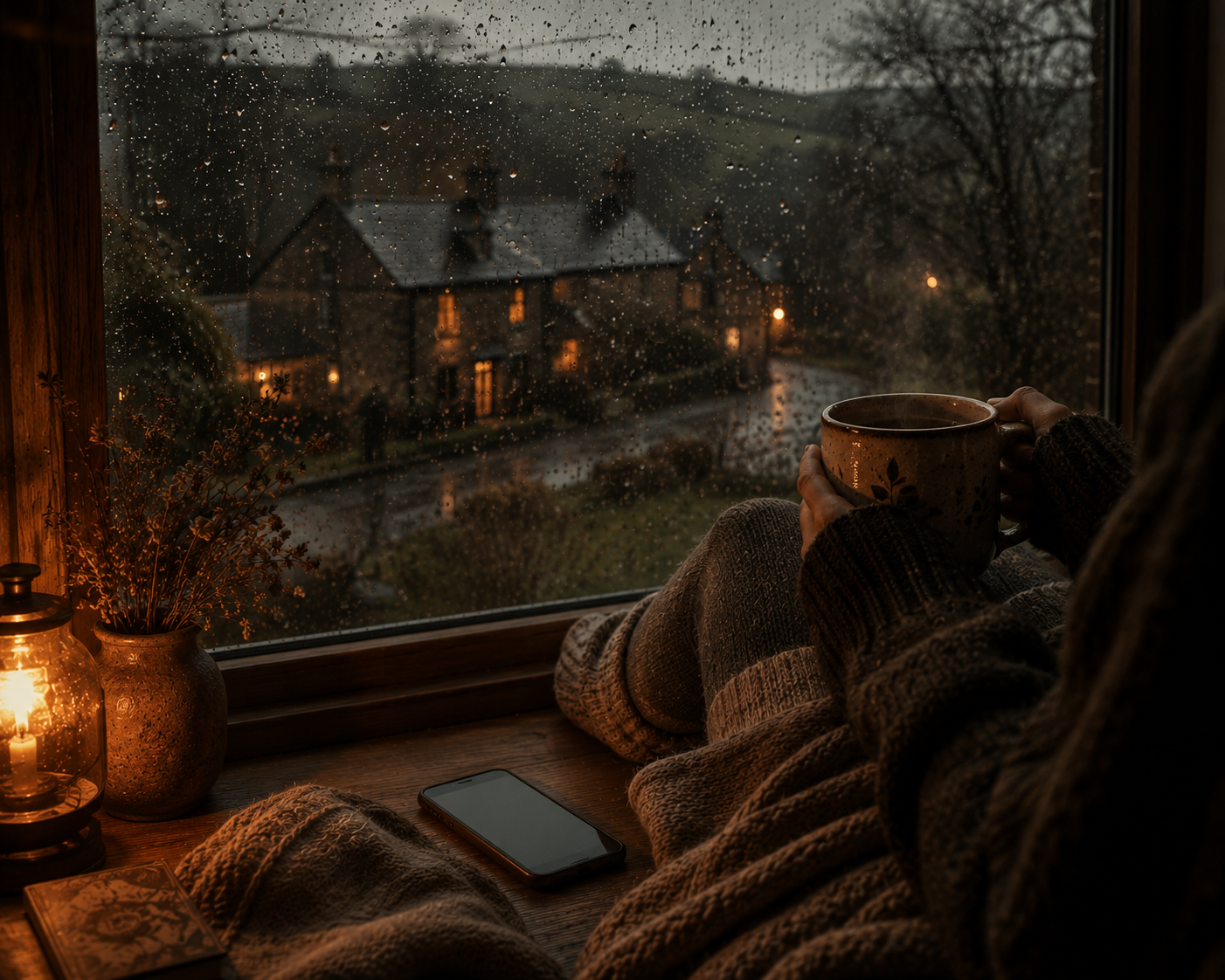 A cinematic cosy UK rainy evening scene featuring a person with no visible face sitting quietly beside a rain covered window holding tea, with an untouched phone nearby, warm amber lantern lighting, knitted blankets, and peaceful countryside cottages glowing outside.