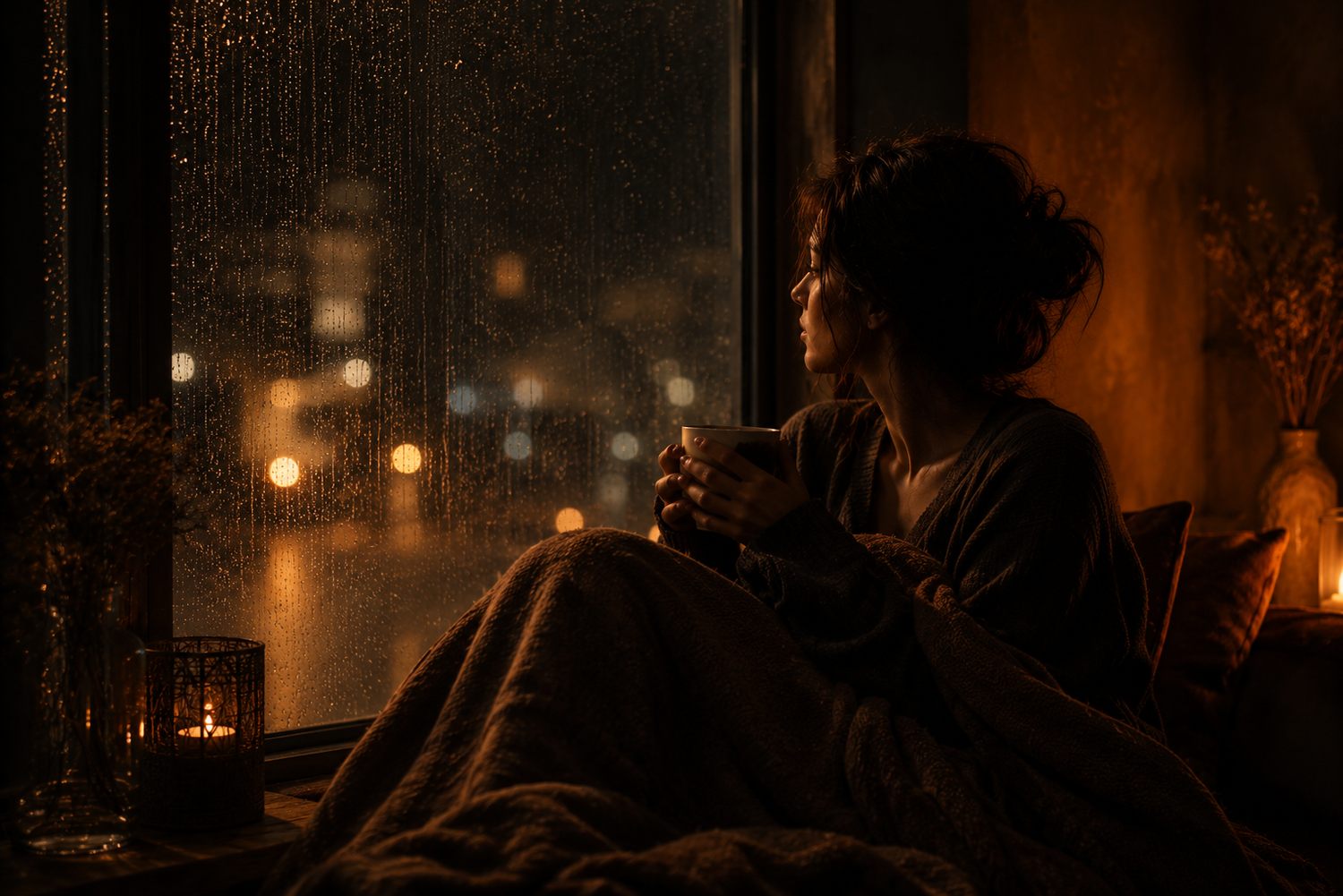 A cinematic cosy interior showing a person sitting quietly by a rain covered window holding a warm mug, illuminated by soft amber lighting with layered linen textures, candlelight, and blurred city reflections creating a peaceful yet emotionally heavy atmosphere.