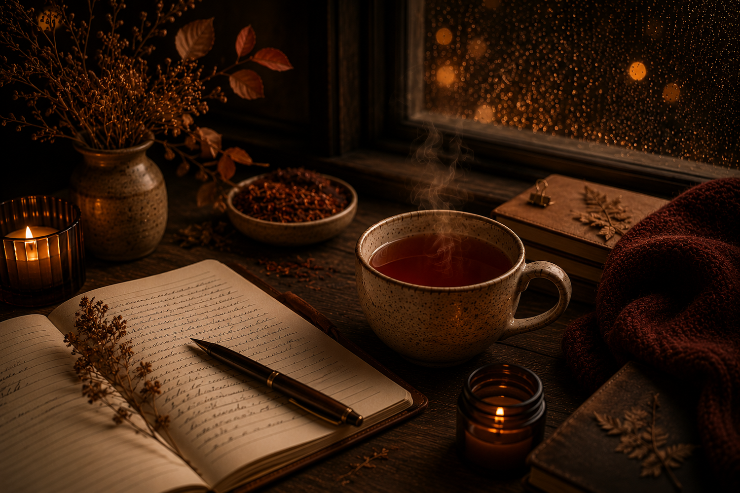 A cosy slow living journaling scene featuring a steaming cup of rooibos tea beside an open journal, candlelight, deep burgundy knitted textures, and rain against a dark window in rich Warmery inspired tones.