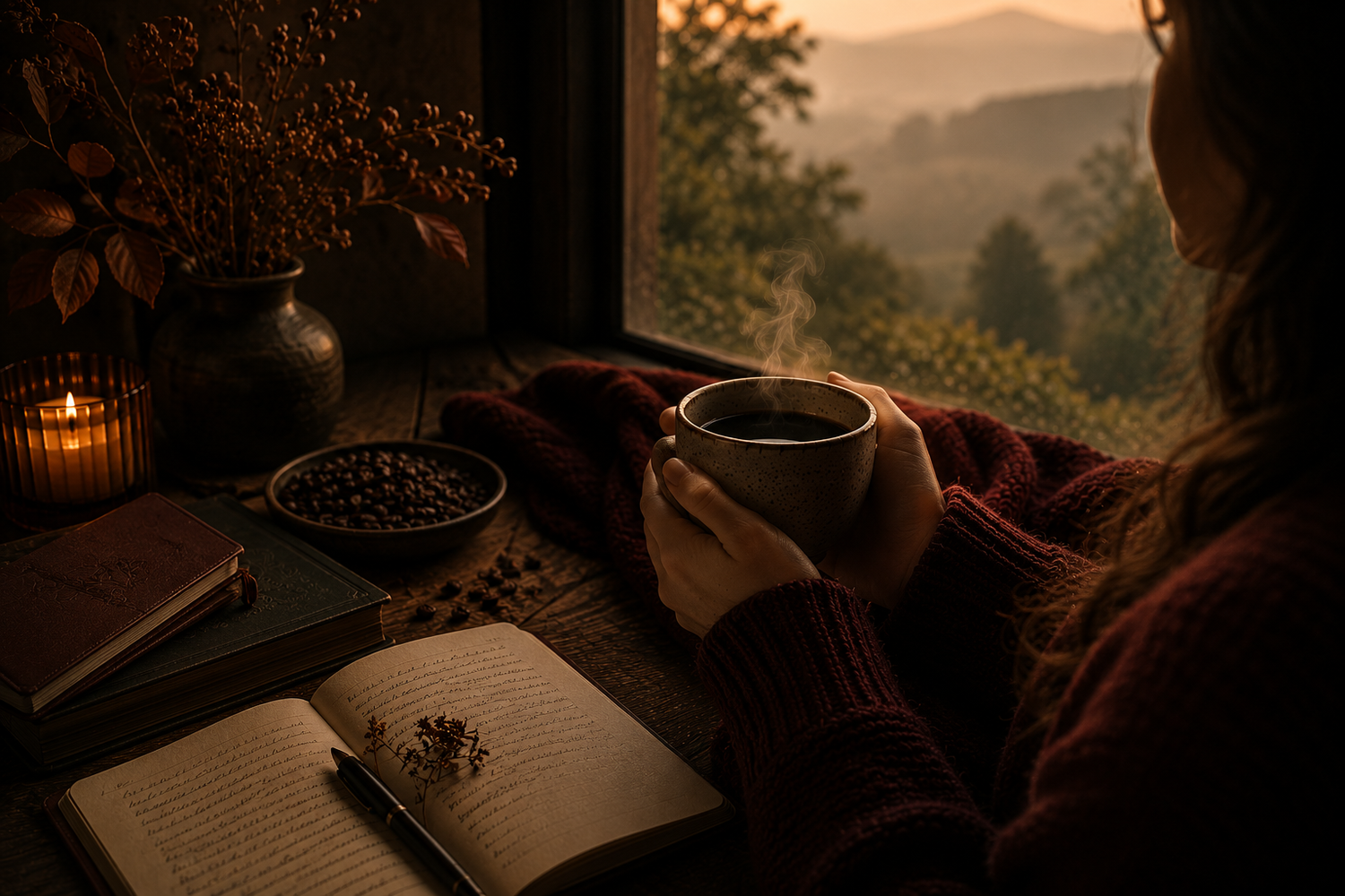 A calm cinematic coffee scene showing a person enjoying a steaming cup of Rwandan coffee beside journals, candlelight, and roasted coffee beans near a softly lit countryside window in warm Warmery inspired tones.