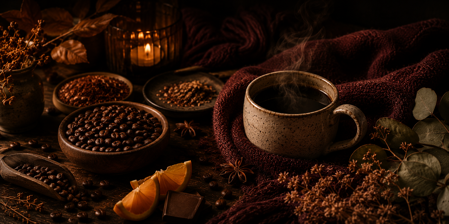 A rich sensory coffee banner featuring a steaming cup of Rwandan coffee beside roasted beans, warm spices, candlelight, deep burgundy textures, and soft amber highlights in the Warmery colour palette.