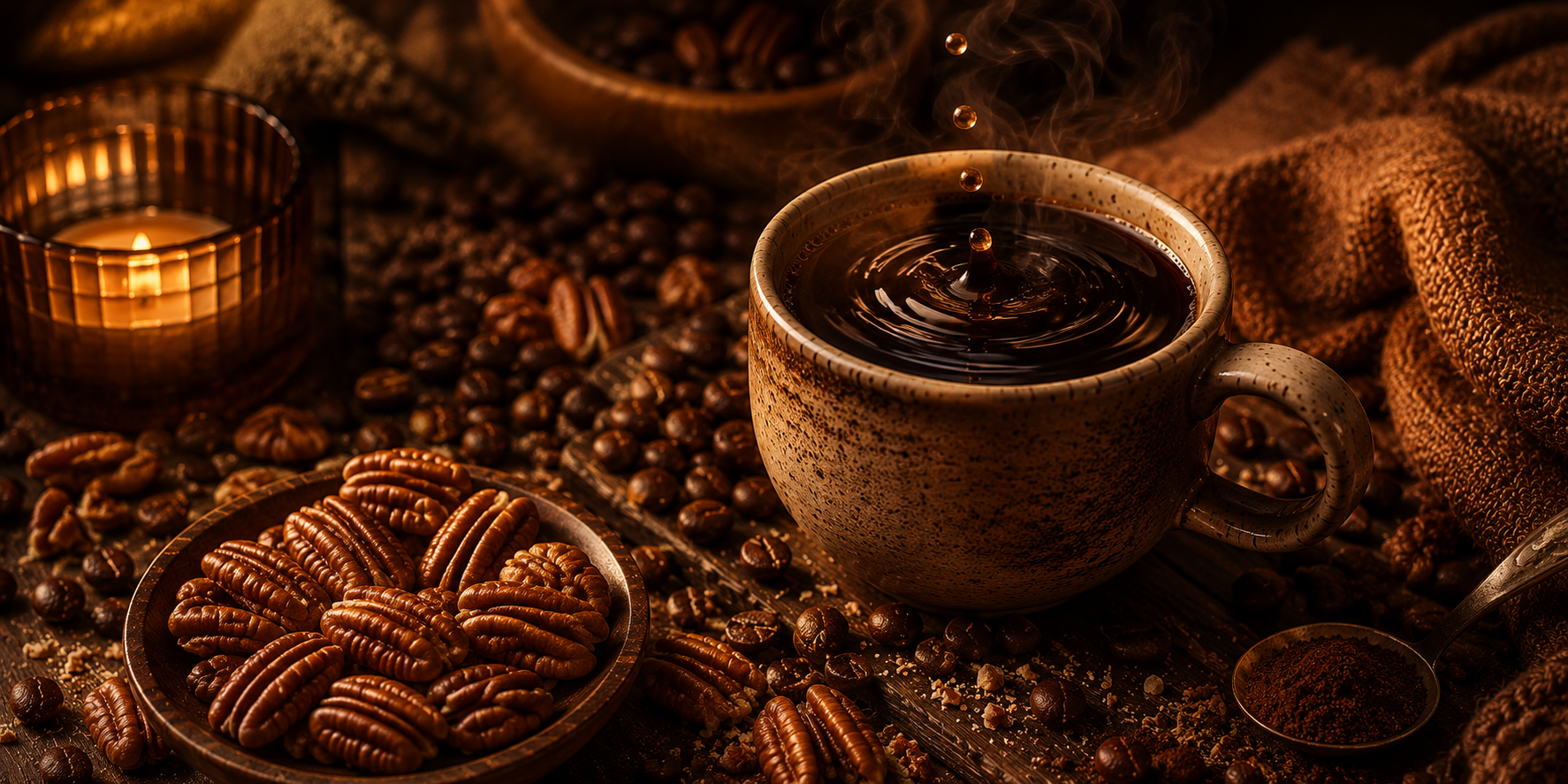 A rich sensory coffee scene featuring a steaming cup of dark coffee with rippling surface details beside toasted pecans, roasted beans, candlelight, and textured linen in deep amber Warmery inspired tones.