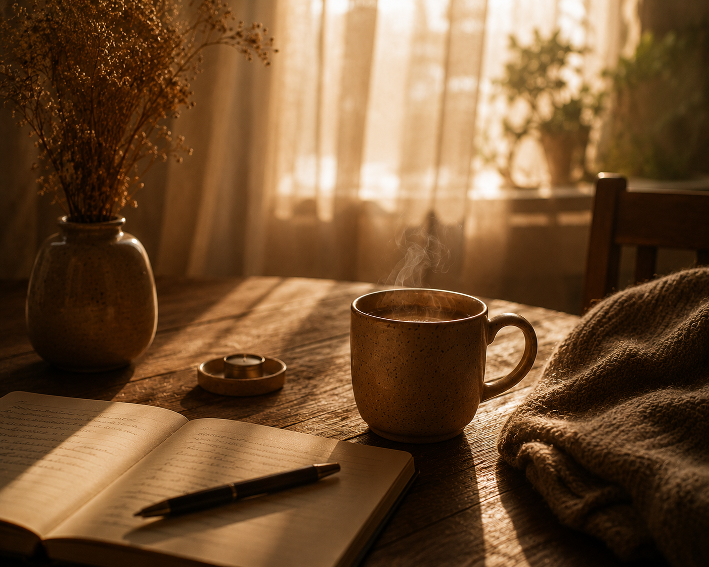 A soft cinematic slow morning coffee ritual featuring warm sunlight through sheer curtains, a steaming ceramic mug on a rustic wooden table, and a peaceful uncluttered Warmery inspired atmosphere.