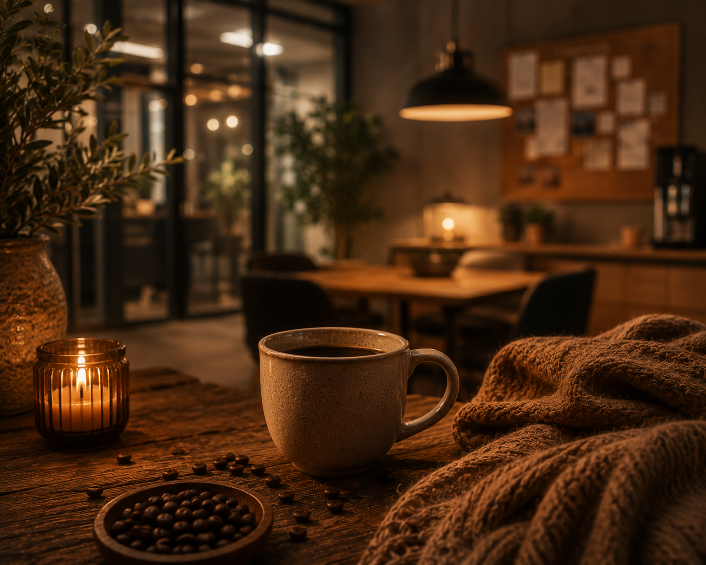 A cosy workplace break room scene featuring a steaming ceramic mug of black coffee, candlelight, coffee beans, warm amber lighting, soft knitted textures, and a calm slow living atmosphere inspired by Warmery aesthetics.