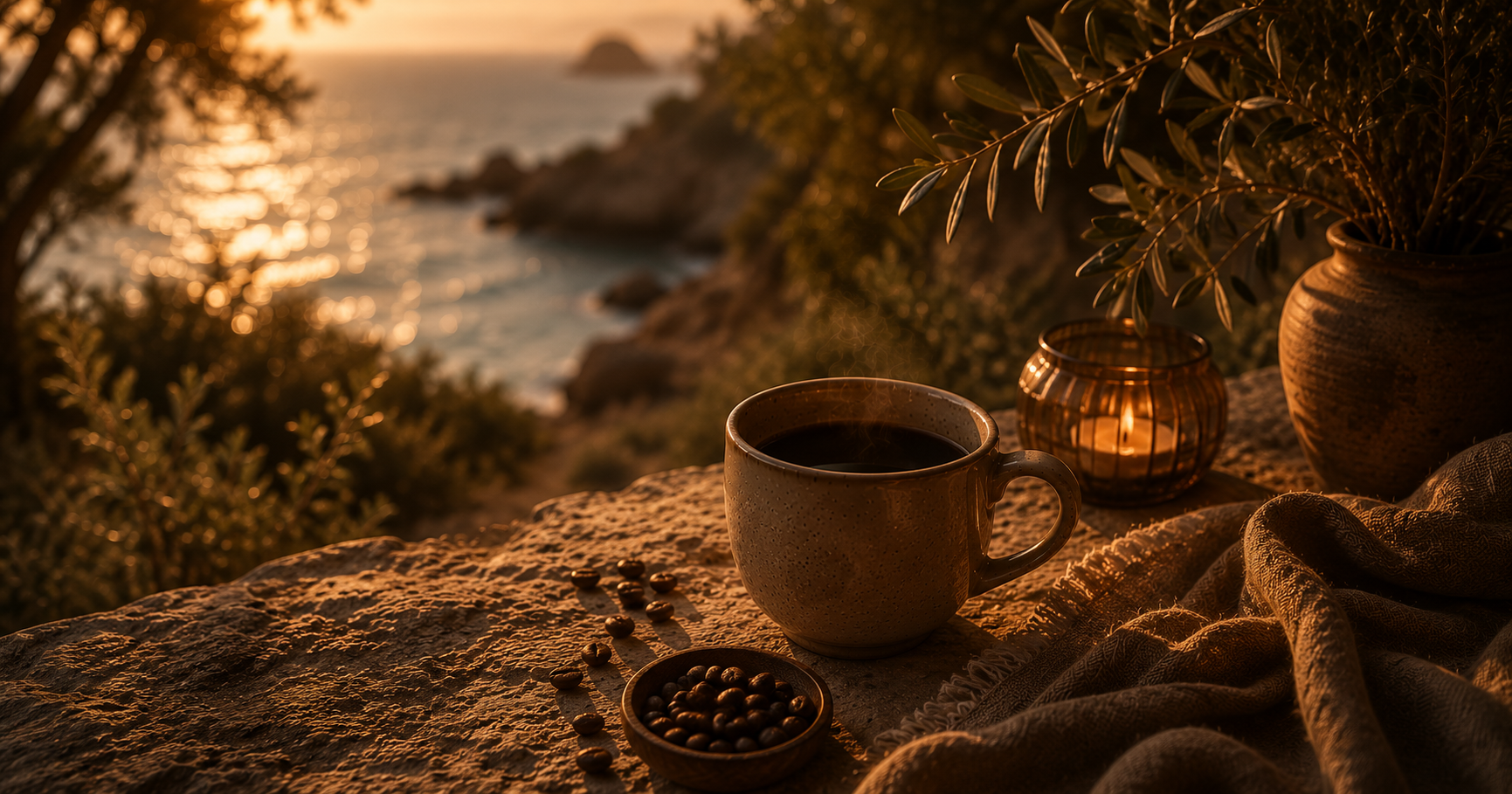 A cinematic coastal coffee scene at golden hour featuring a steaming mug of black coffee, warm candlelight, scattered coffee beans, textured linen fabric, and peaceful ocean views in a cosy slow living Warmery inspired atmosphere.