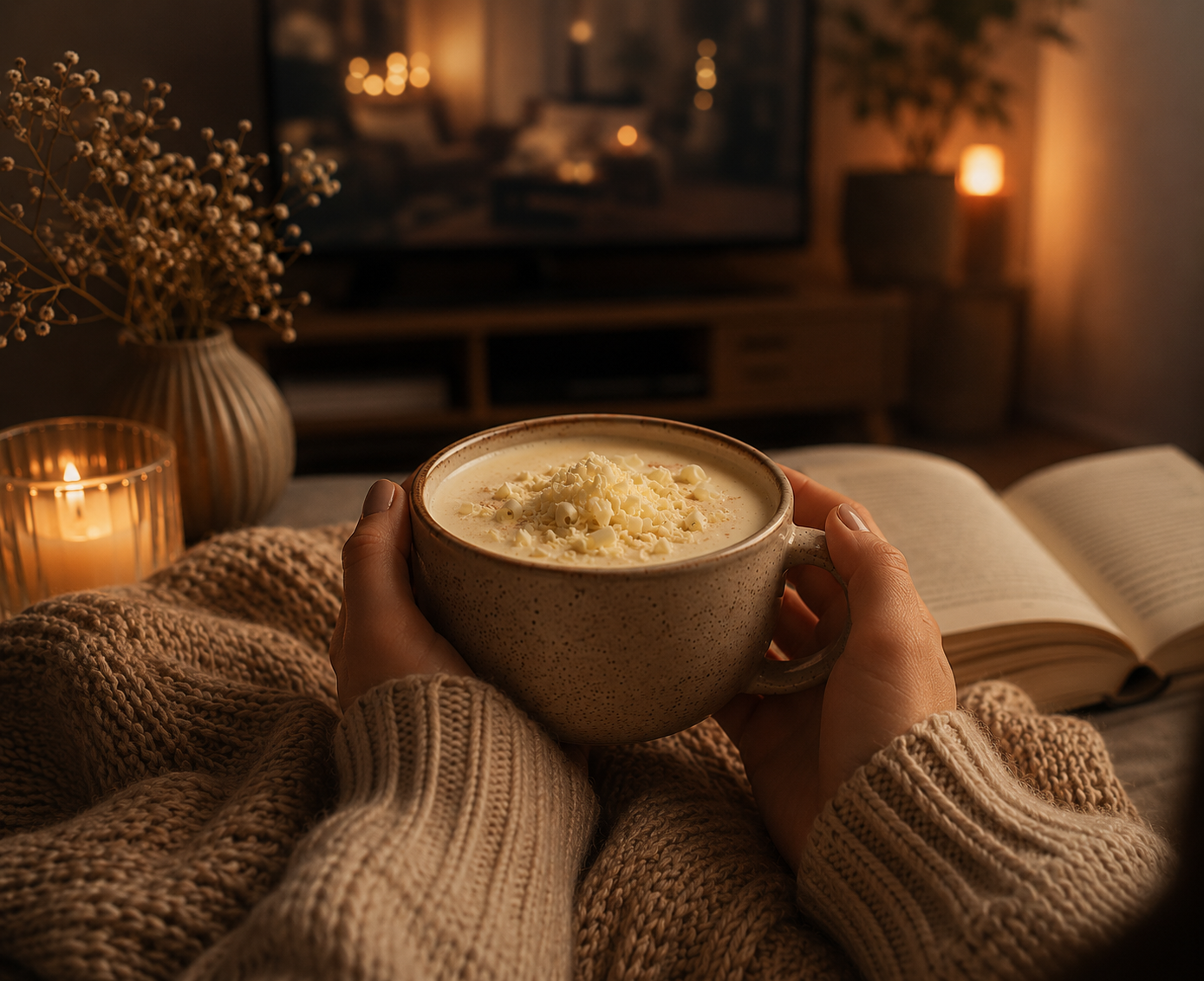A cosy evening scene featuring hands holding a large mug of creamy white hot chocolate topped with white chocolate curls, surrounded by knitted blankets, candlelight, and warm amber tones in a softly lit living room.