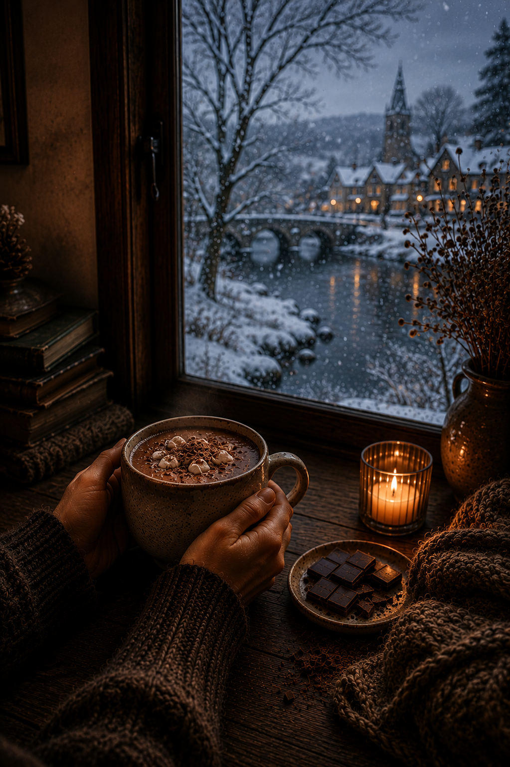 A cosy winter slow living scene featuring hands holding a steaming mug of hot chocolate beside candlelight and dark chocolate pieces, overlooking a snowy British village and stone bridge through a window in warm amber lighting.